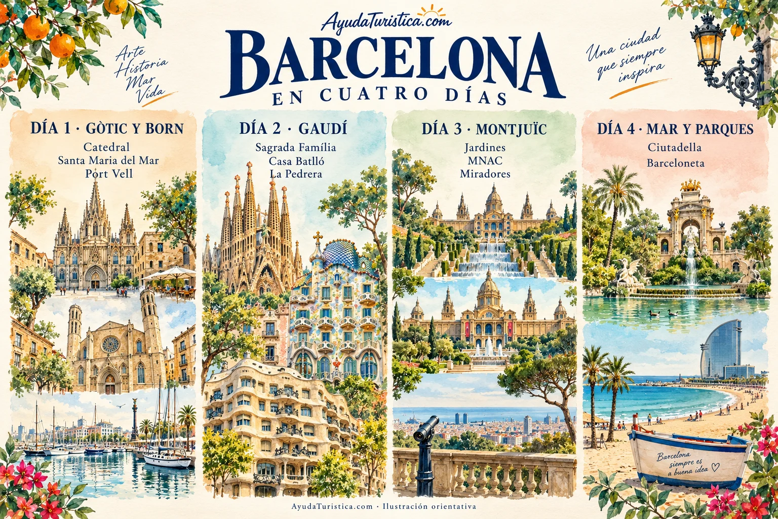 Lámina ilustrada de cuatro jornadas en Barcelona
